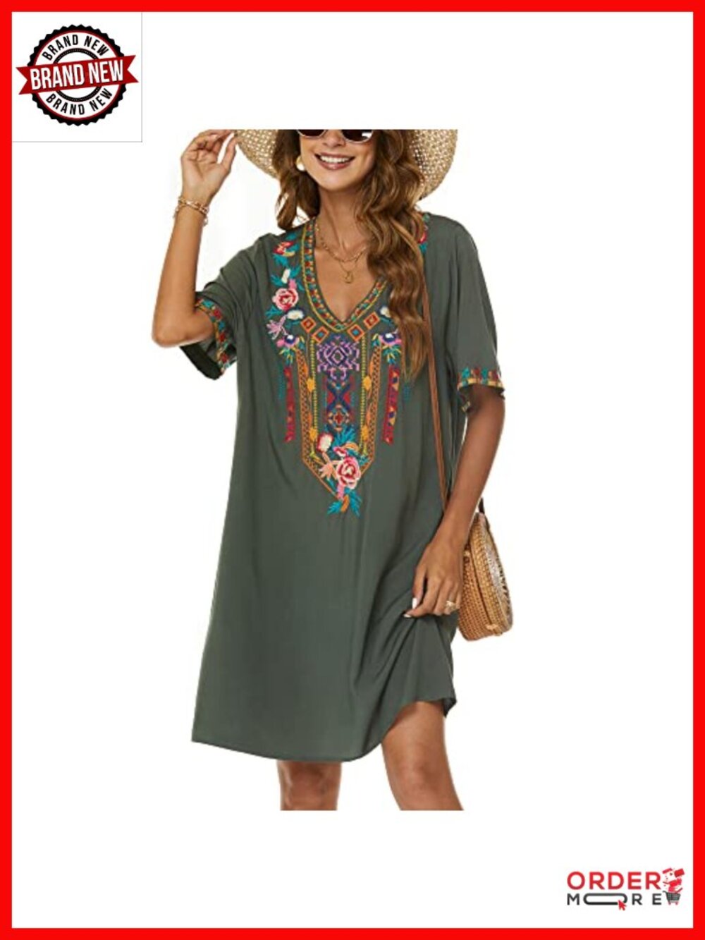Embroidered Peasant Dress Plus Size Boho Tunic V-Neck Rayon